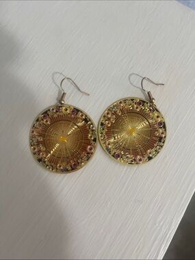 Gold Circular Sunburst Drop Earrings by